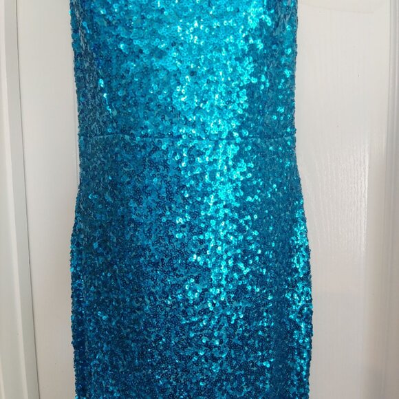 Morgan & Co Aqua Marine Mermaid Prom Formal Sequin Sparkly Gown Mesh Dress 11 - Picture 5 of 14